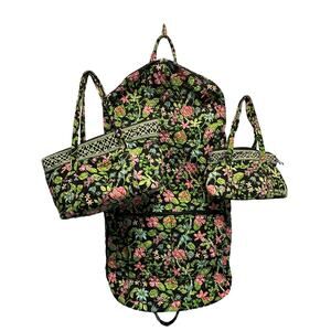 Vera Bradley Black Floral Quilted Travel Set with Pink and Green Accents